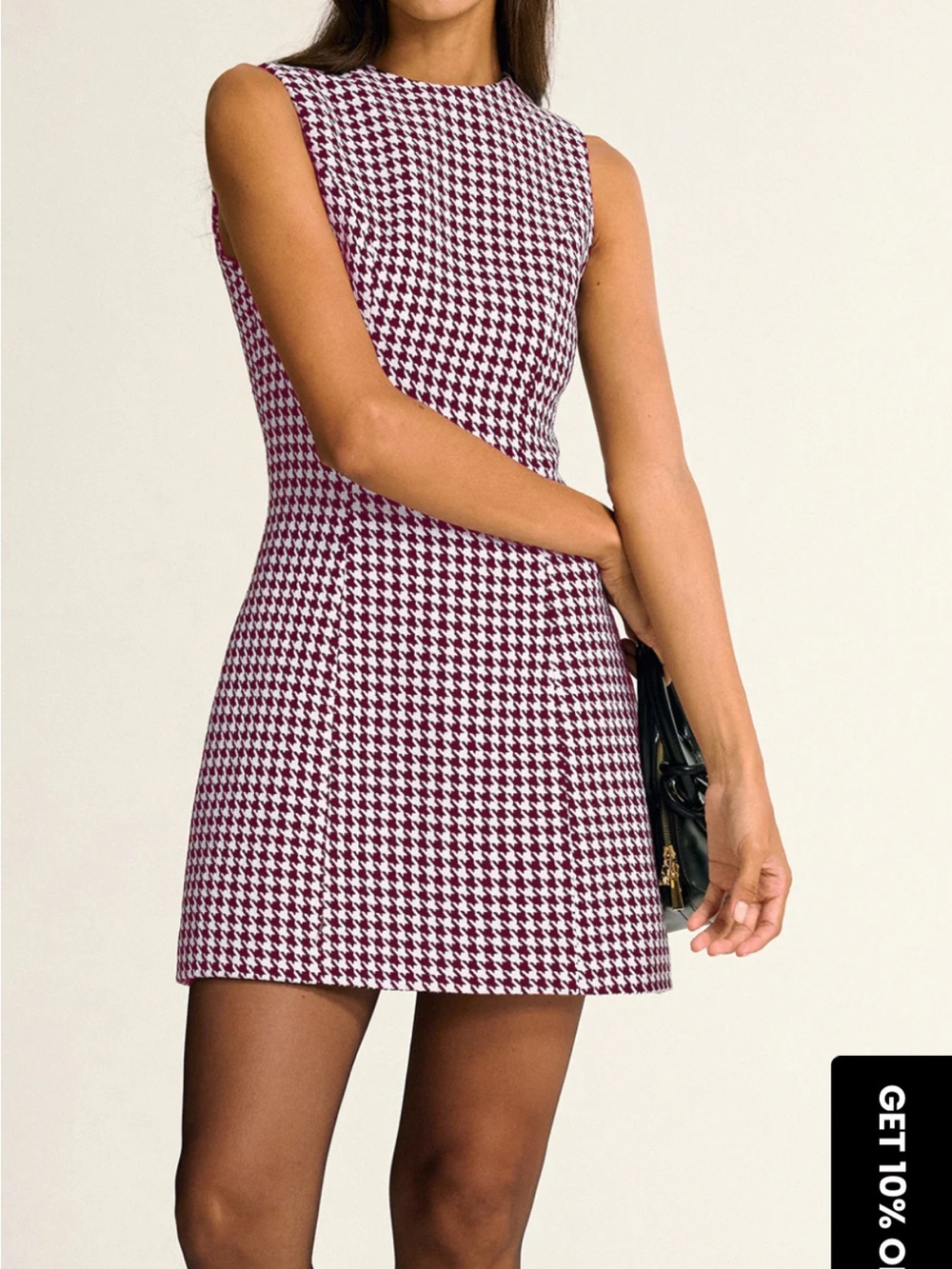 Commense Burgundy and White Houndstooth Mini Dress